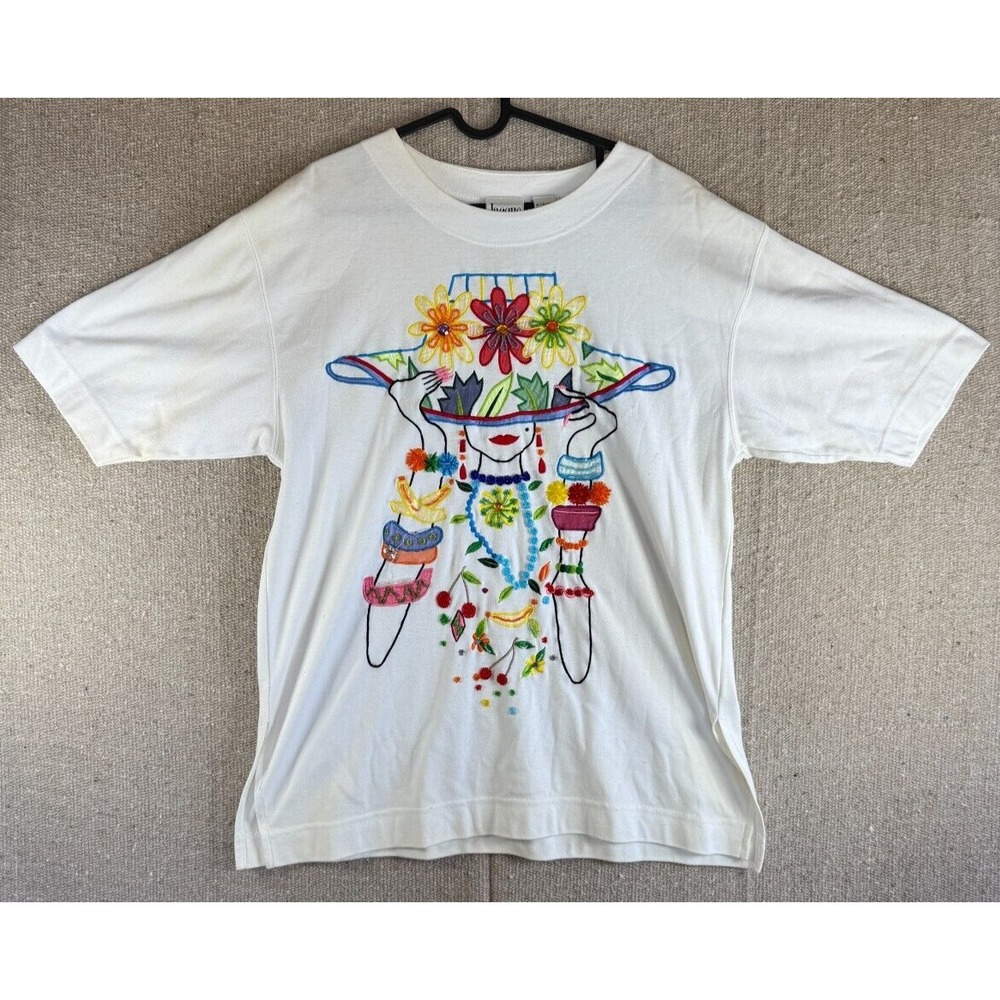 VTG Jacque & Koko Womens Sz 14/16 White T Shirt Floral Colorful 1980's‎